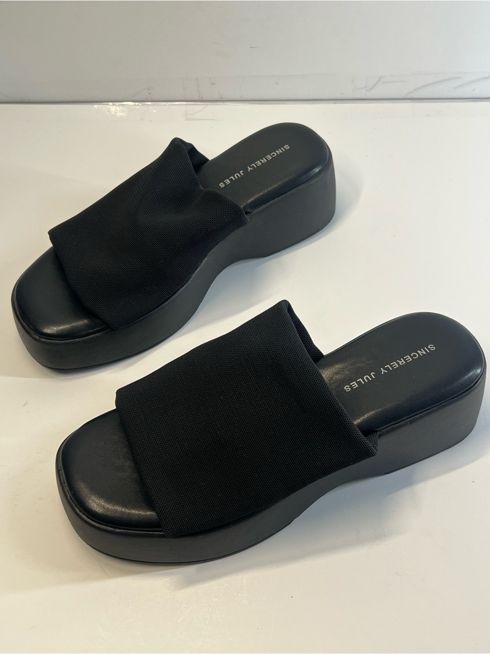 Sincerely Jules Black Platform Wedge Slide Sandals Stretch Fabric